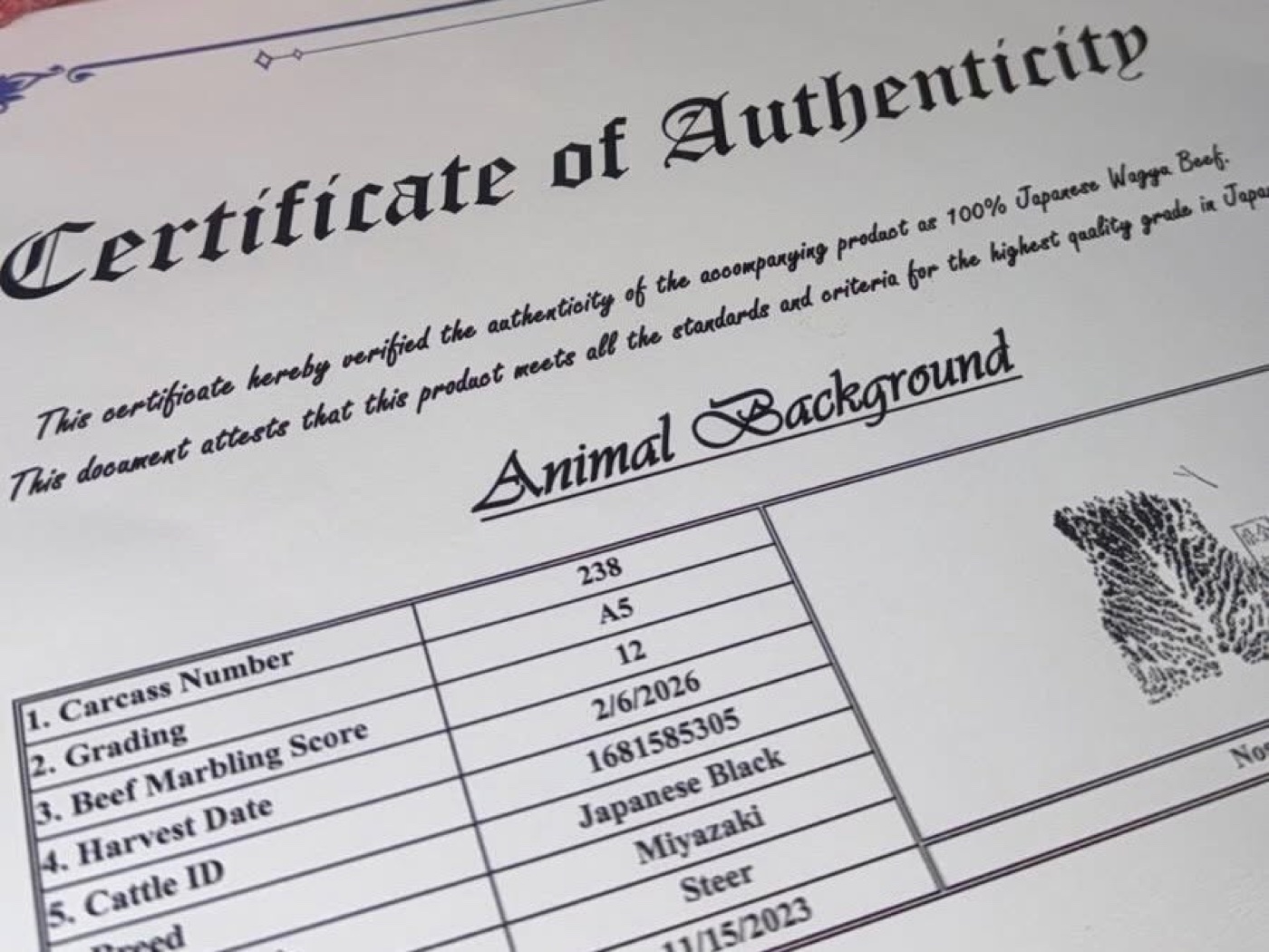 Certificate of Authenticity, Japanese A5 Wagyu